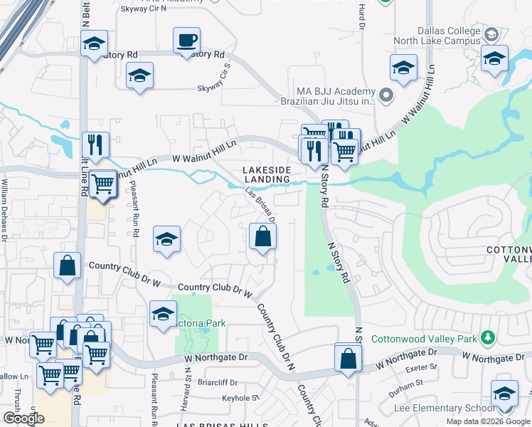 map of restaurants, bars, coffee shops, grocery stores, and more near 4288 Cuesta Drive in Irving