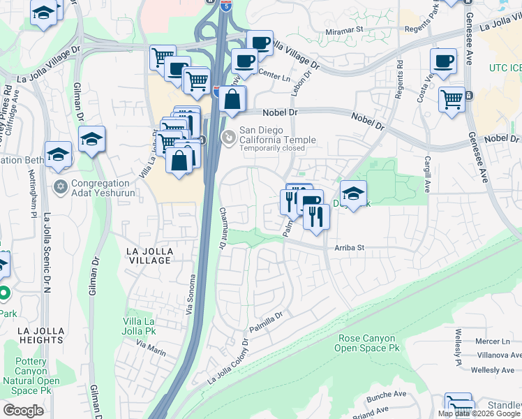 map of restaurants, bars, coffee shops, grocery stores, and more near 7642 Palmilla Drive in San Diego