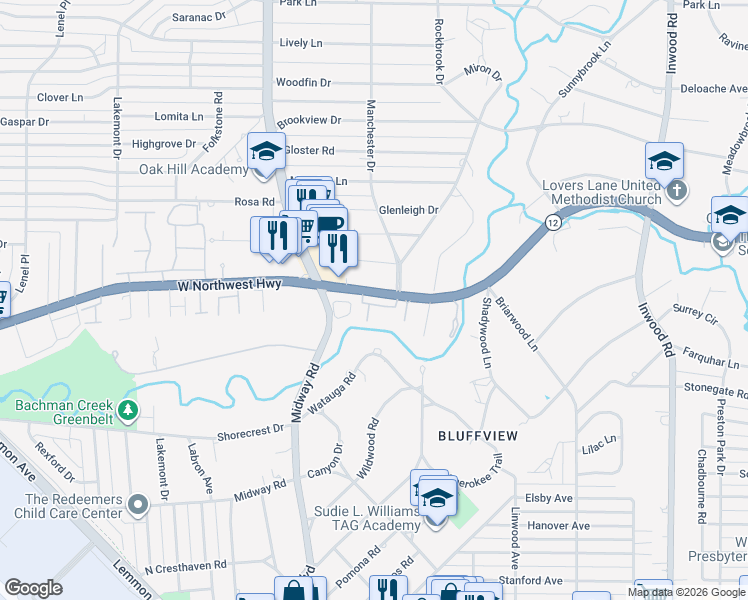 map of restaurants, bars, coffee shops, grocery stores, and more near 9 Bretton Woods Way in Dallas