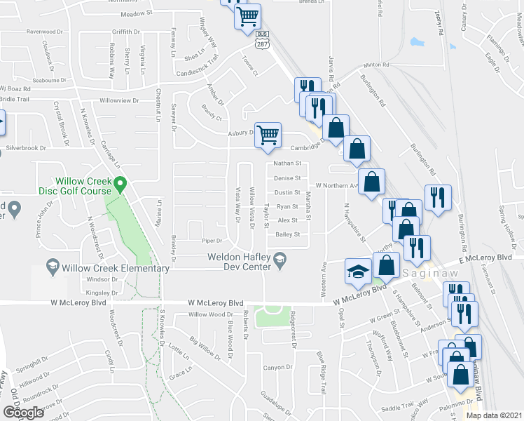 map of restaurants, bars, coffee shops, grocery stores, and more near 353 Taylor Street in Saginaw