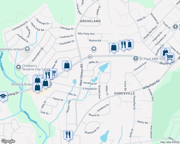 map of restaurants, bars, coffee shops, grocery stores, and more near 2453 Derrell Drive in Macon