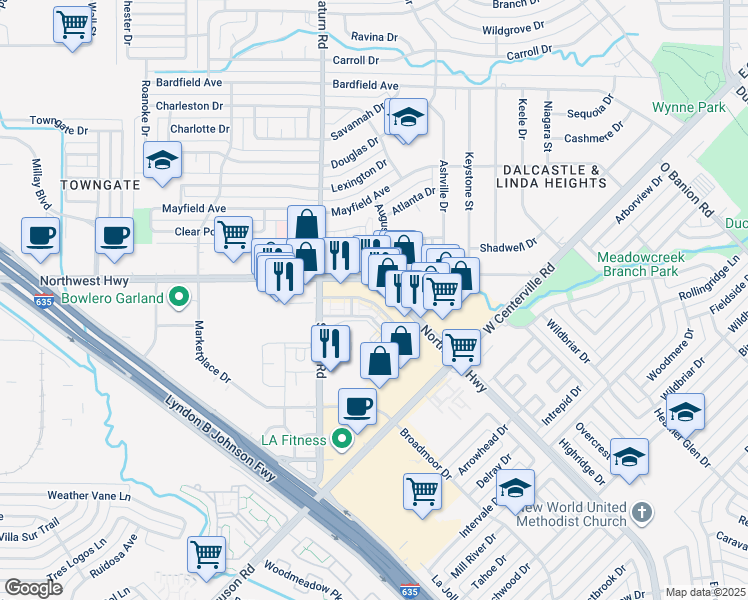 map of restaurants, bars, coffee shops, grocery stores, and more near 1250 Northwest Highway in Garland