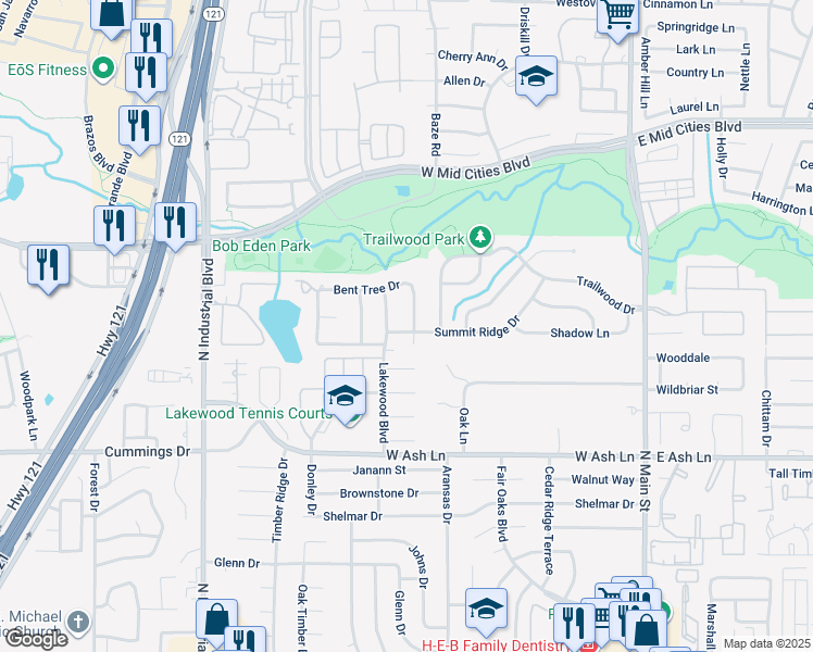 map of restaurants, bars, coffee shops, grocery stores, and more near 1801 Bent Tree Drive in Euless
