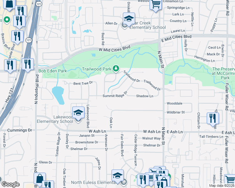 map of restaurants, bars, coffee shops, grocery stores, and more near 408 Summit Ridge Drive in Euless