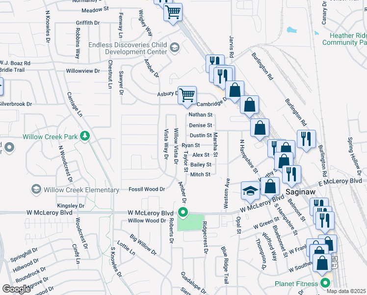 map of restaurants, bars, coffee shops, grocery stores, and more near 353 Taylor Street in Saginaw