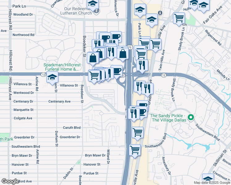 map of restaurants, bars, coffee shops, grocery stores, and more near 23 Lincoln Park Drive in Dallas
