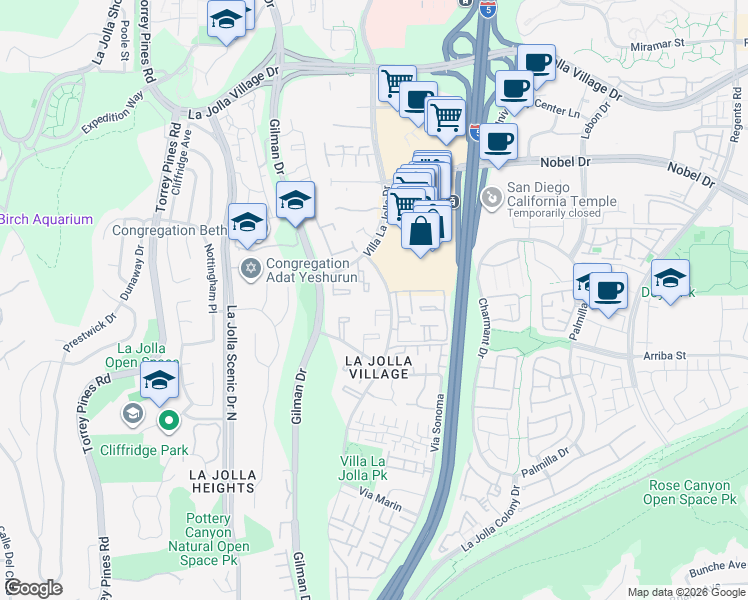 map of restaurants, bars, coffee shops, grocery stores, and more near 8628 Via Mallorca in San Diego