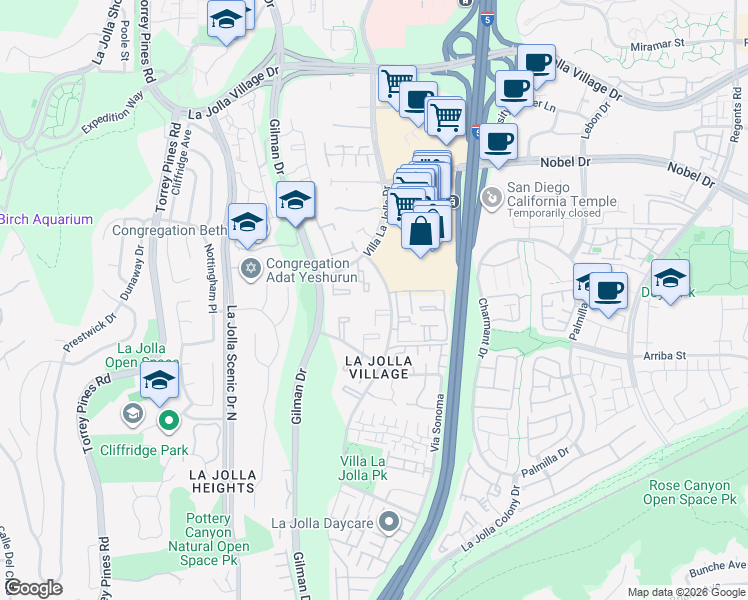 map of restaurants, bars, coffee shops, grocery stores, and more near 8650 Via Mallorca in San Diego