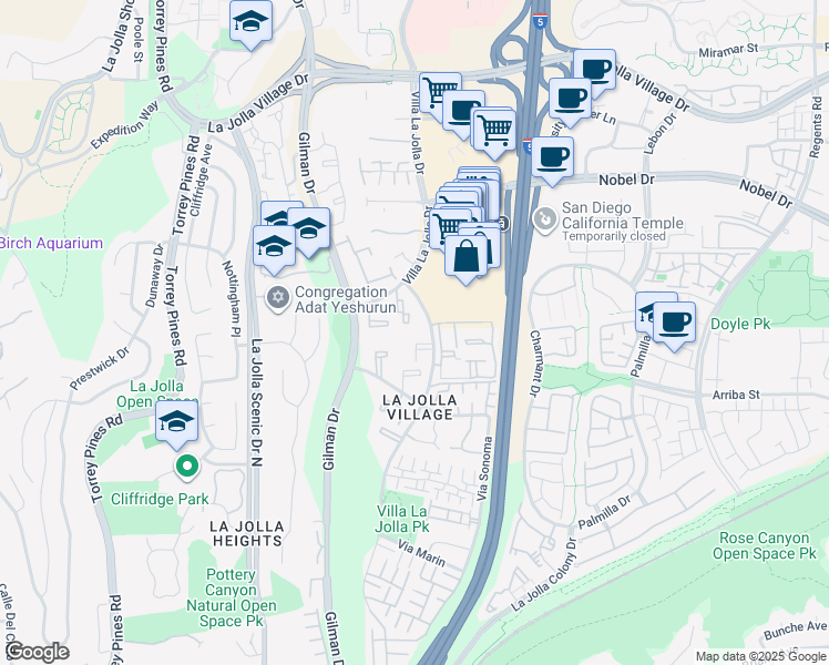 map of restaurants, bars, coffee shops, grocery stores, and more near 8628 Via Mallorca in San Diego