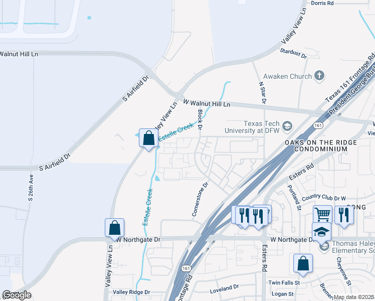 map of restaurants, bars, coffee shops, grocery stores, and more near 4001 Block Drive in Irving