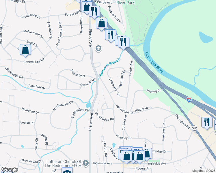 map of restaurants, bars, coffee shops, grocery stores, and more near 2577 Old Holton Road in Macon