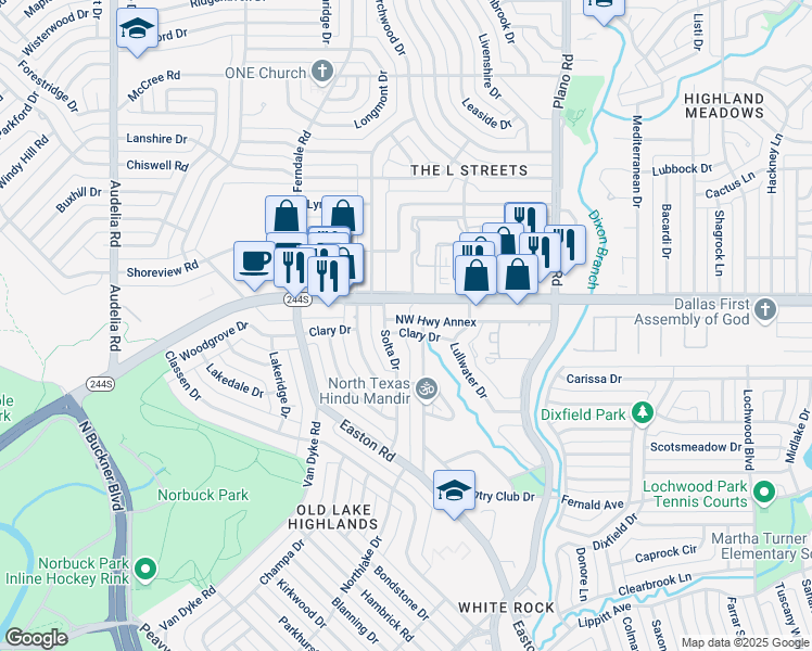 map of restaurants, bars, coffee shops, grocery stores, and more near 10421 Clary Drive in Dallas