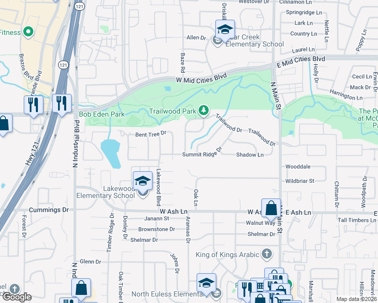 map of restaurants, bars, coffee shops, grocery stores, and more near 1800 Trailwood Drive in Euless