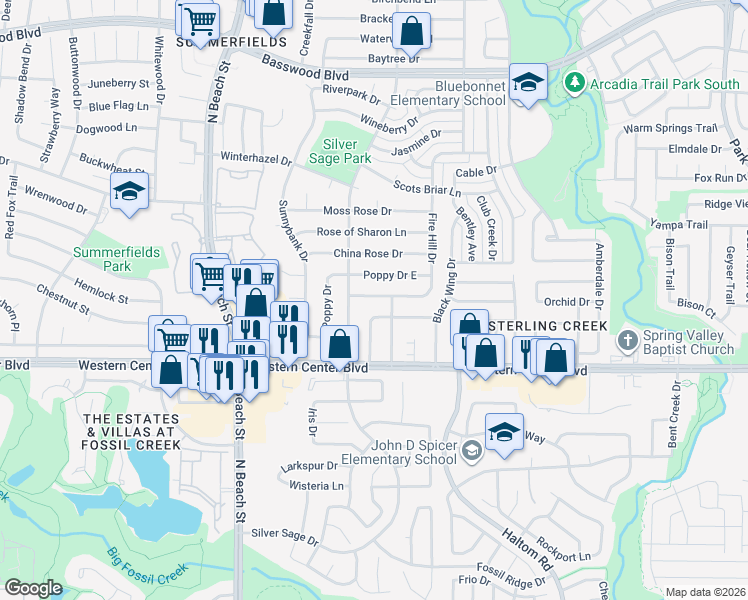 map of restaurants, bars, coffee shops, grocery stores, and more near 6717 Fire Hill Drive in Fort Worth