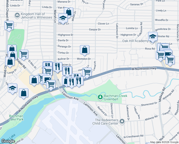 map of restaurants, bars, coffee shops, grocery stores, and more near 9315 Lenel Pl in Dallas