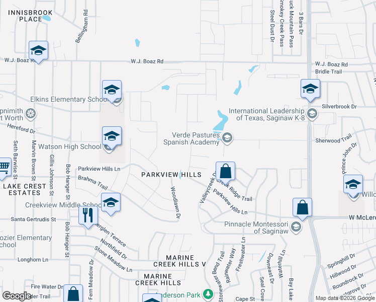 map of restaurants, bars, coffee shops, grocery stores, and more near 7013 Meandering Creek Lane in Fort Worth