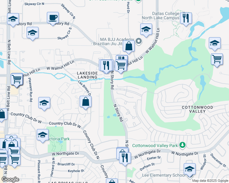 map of restaurants, bars, coffee shops, grocery stores, and more near 2174 Kimbrough Drive in Irving