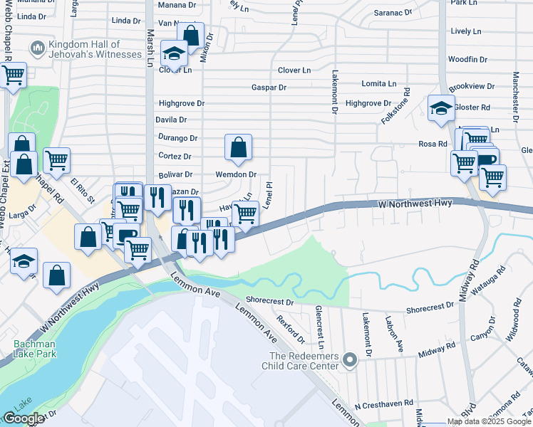 map of restaurants, bars, coffee shops, grocery stores, and more near 9332 Lenel Place in Dallas