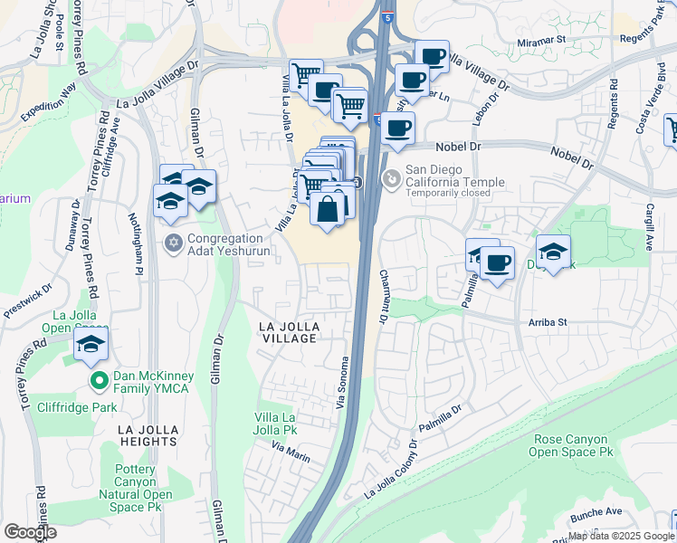 map of restaurants, bars, coffee shops, grocery stores, and more near 8619 Via Mallorca in San Diego