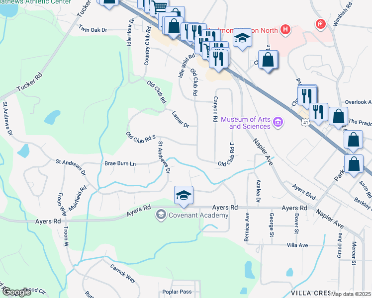 map of restaurants, bars, coffee shops, grocery stores, and more near 649 Old Club Road South in Macon