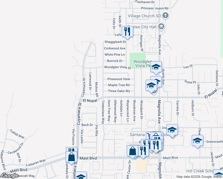 map of restaurants, bars, coffee shops, grocery stores, and more near 10036 Three Oaks Way in Santee
