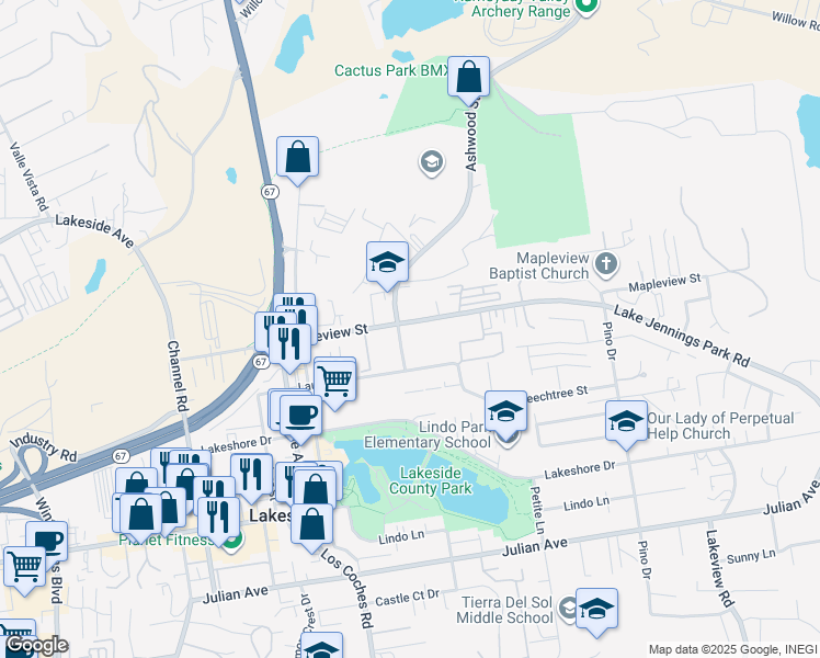 map of restaurants, bars, coffee shops, grocery stores, and more near 12703 Mapleview Street in Lakeside