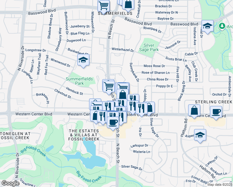 map of restaurants, bars, coffee shops, grocery stores, and more near 6911 Park Forest Drive in Fort Worth