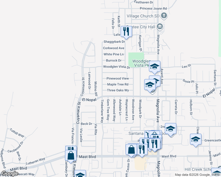 map of restaurants, bars, coffee shops, grocery stores, and more near 10036 Three Oaks Way in Santee