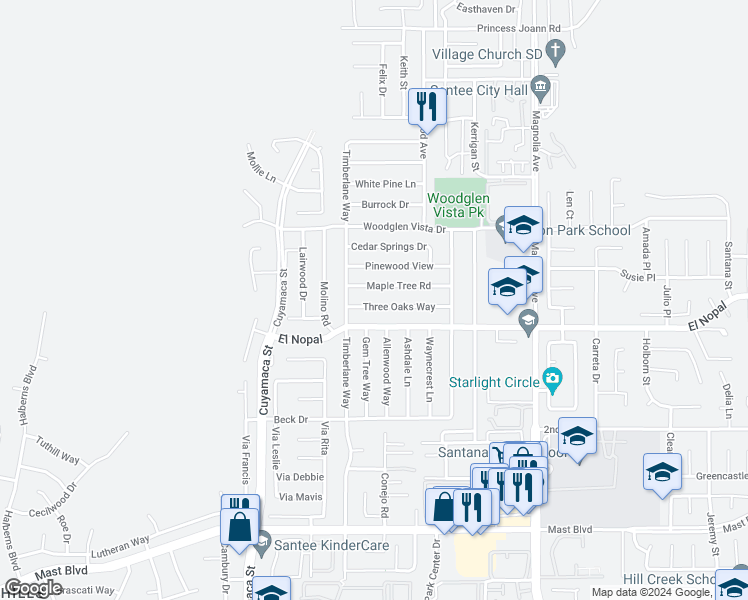 map of restaurants, bars, coffee shops, grocery stores, and more near 10036 3 Oaks Way in Santee