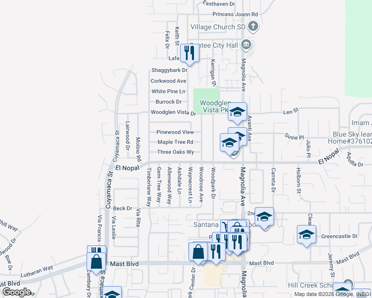 map of restaurants, bars, coffee shops, grocery stores, and more near 10142 3 Oaks Way in Santee