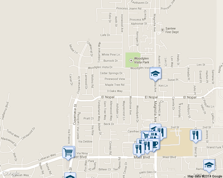 map of restaurants, bars, coffee shops, grocery stores, and more near 10054 3 Oaks Way in Santee