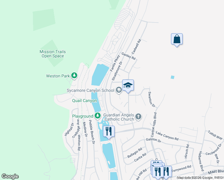map of restaurants, bars, coffee shops, grocery stores, and more near 10221 Strathmore Drive in Santee
