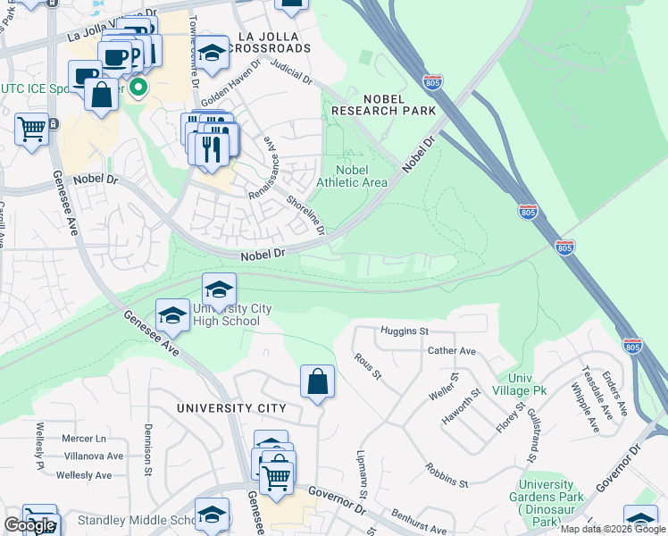 map of restaurants, bars, coffee shops, grocery stores, and more near 7120 Shoreline Drive in San Diego