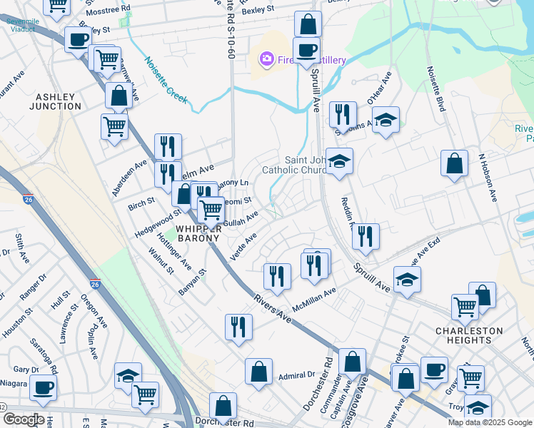 map of restaurants, bars, coffee shops, grocery stores, and more near 3897 Four Poles Park Drive in North Charleston