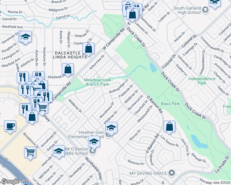 map of restaurants, bars, coffee shops, grocery stores, and more near 342 Rollingridge Lane in Garland