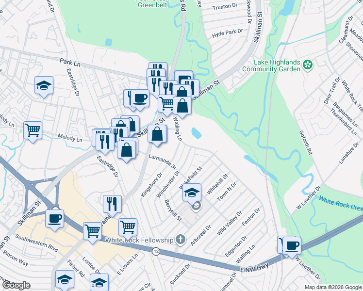 map of restaurants, bars, coffee shops, grocery stores, and more near 6928 Walling Lane in Dallas