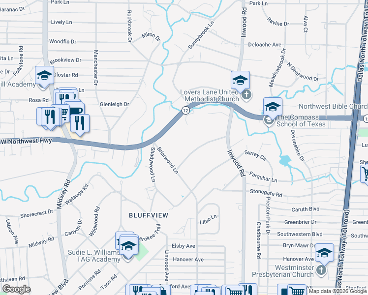 map of restaurants, bars, coffee shops, grocery stores, and more near 5007 Seneca Drive in Dallas