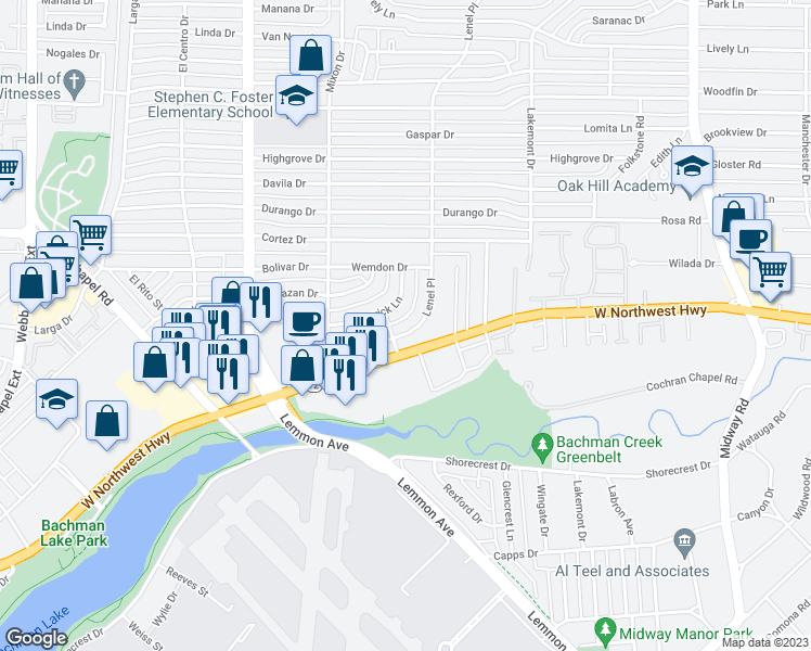 map of restaurants, bars, coffee shops, grocery stores, and more near 3902 Hawick Lane in Dallas
