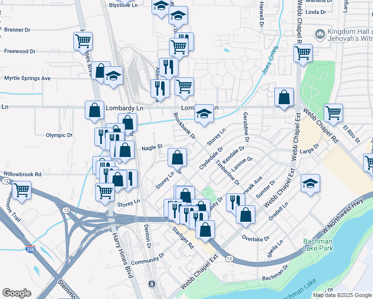 map of restaurants, bars, coffee shops, grocery stores, and more near 9501 Brockbank Drive in Dallas