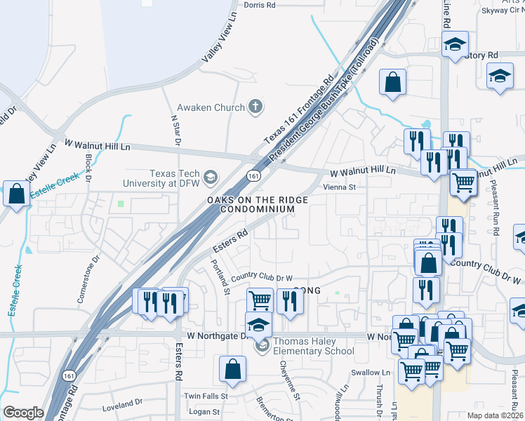 map of restaurants, bars, coffee shops, grocery stores, and more near 4115 Esters Road in Irving