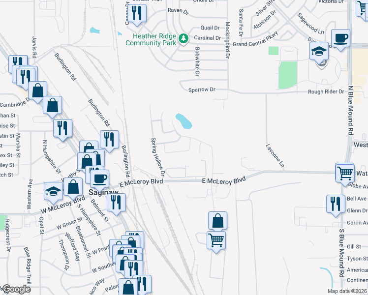 map of restaurants, bars, coffee shops, grocery stores, and more near 437 Brookhollow Lane in Saginaw