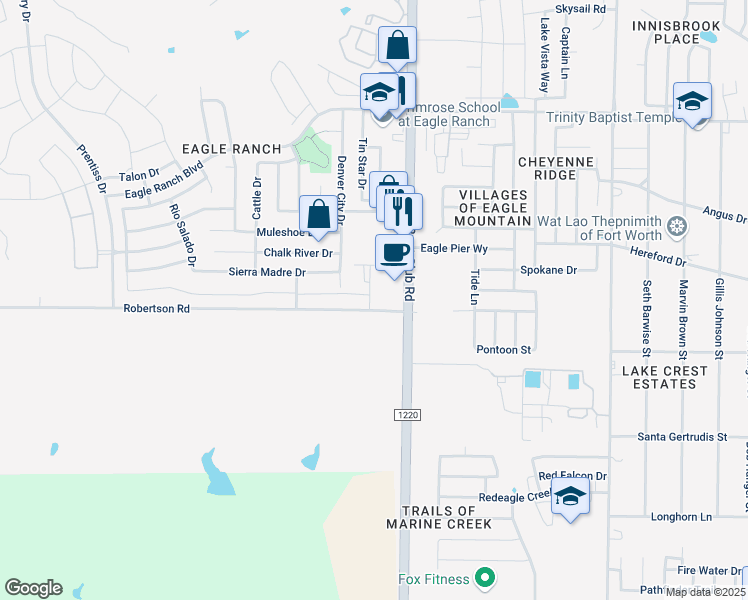 map of restaurants, bars, coffee shops, grocery stores, and more near 6800 Denver City Drive in Fort Worth