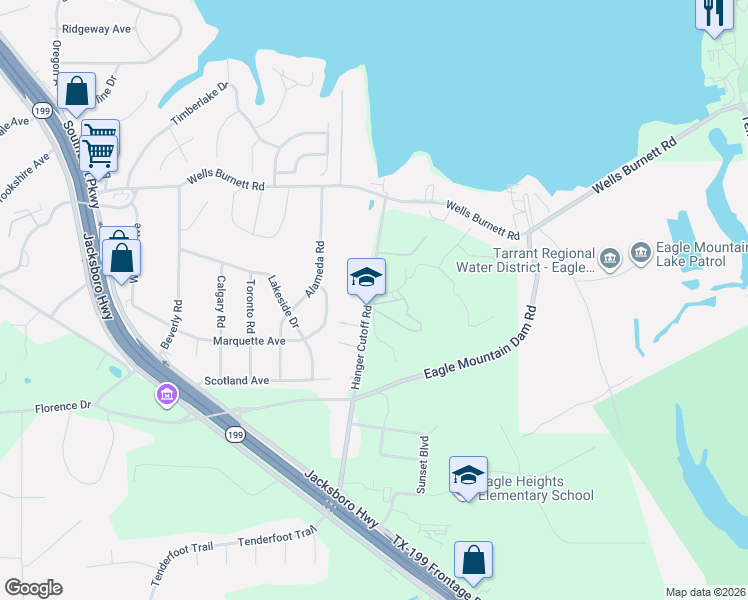 map of restaurants, bars, coffee shops, grocery stores, and more near 7820 Hanger Cutoff Road in Fort Worth