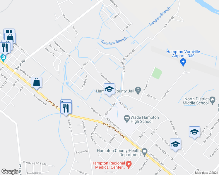map of restaurants, bars, coffee shops, grocery stores, and more near 425 Wade Hampton Road in Hampton