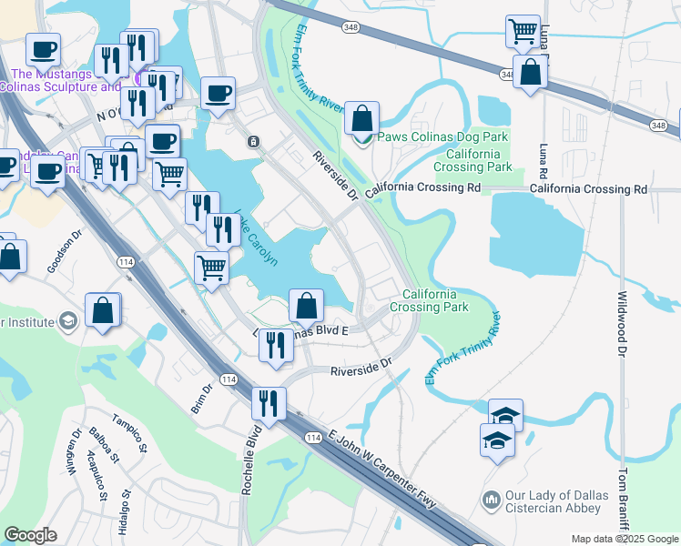 map of restaurants, bars, coffee shops, grocery stores, and more near 692 Lake Carolyn Parkway in Irving