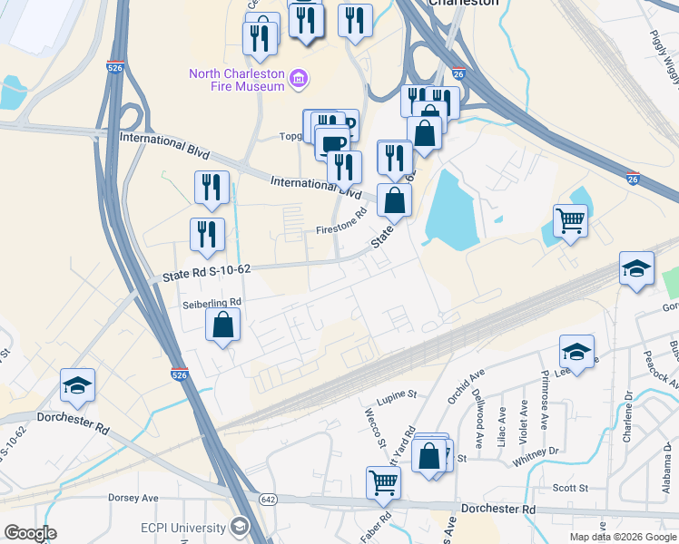 map of restaurants, bars, coffee shops, grocery stores, and more near 3229 West Montague Avenue in North Charleston