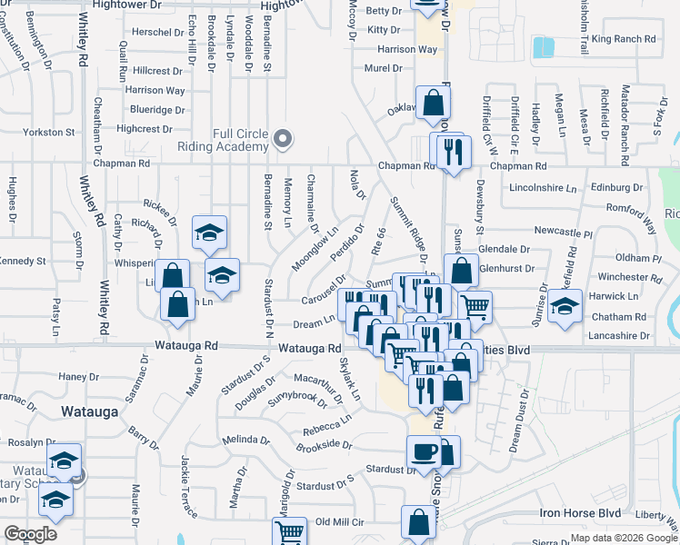 map of restaurants, bars, coffee shops, grocery stores, and more near 6428 Perdido Drive in Watauga