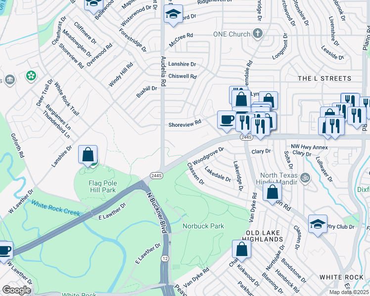 map of restaurants, bars, coffee shops, grocery stores, and more near 9915 East Northwest Highway in Dallas