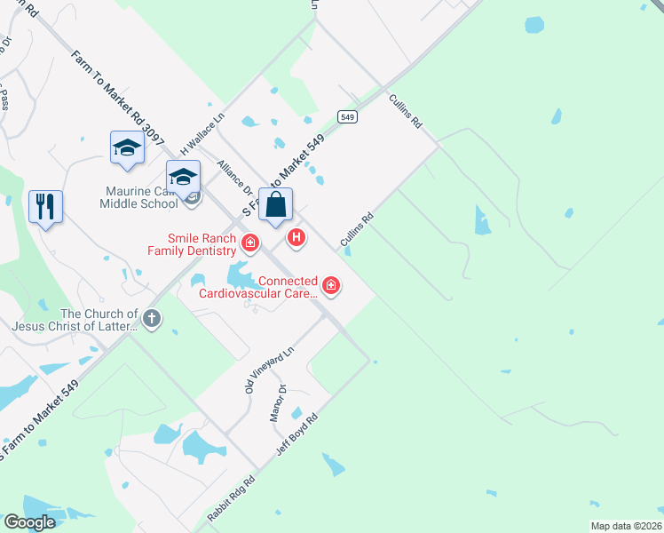 map of restaurants, bars, coffee shops, grocery stores, and more near 1065 Cullins Road in Rockwall