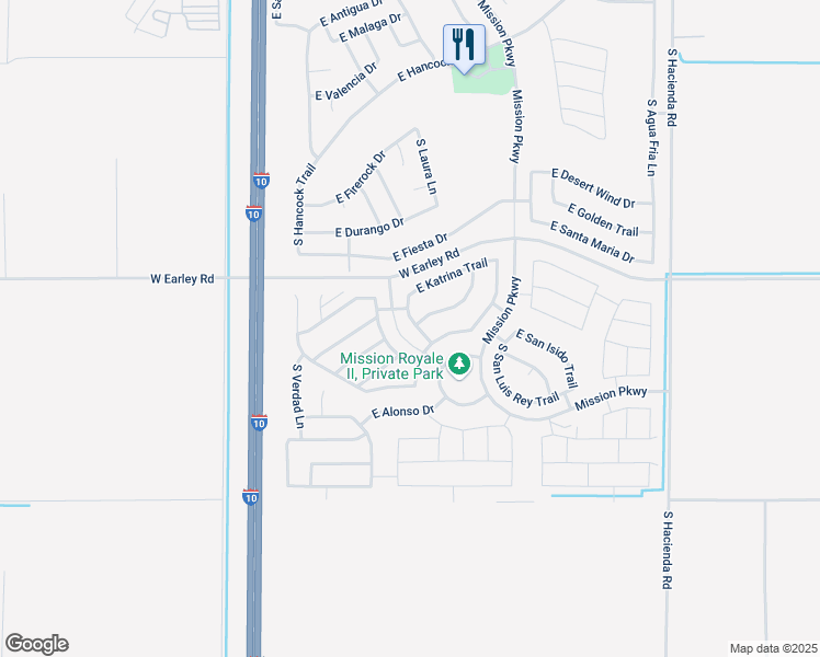 map of restaurants, bars, coffee shops, grocery stores, and more near 243 South Mission Abo Lane in Casa Grande